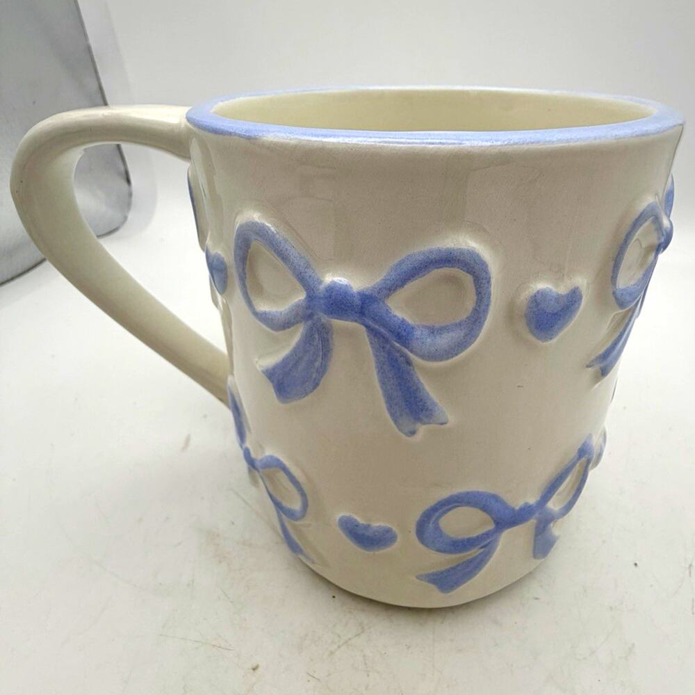 Sheffield Home White & Blue Ceramic Coffee Mug Bow Heart Pattern, Hand Wash Only